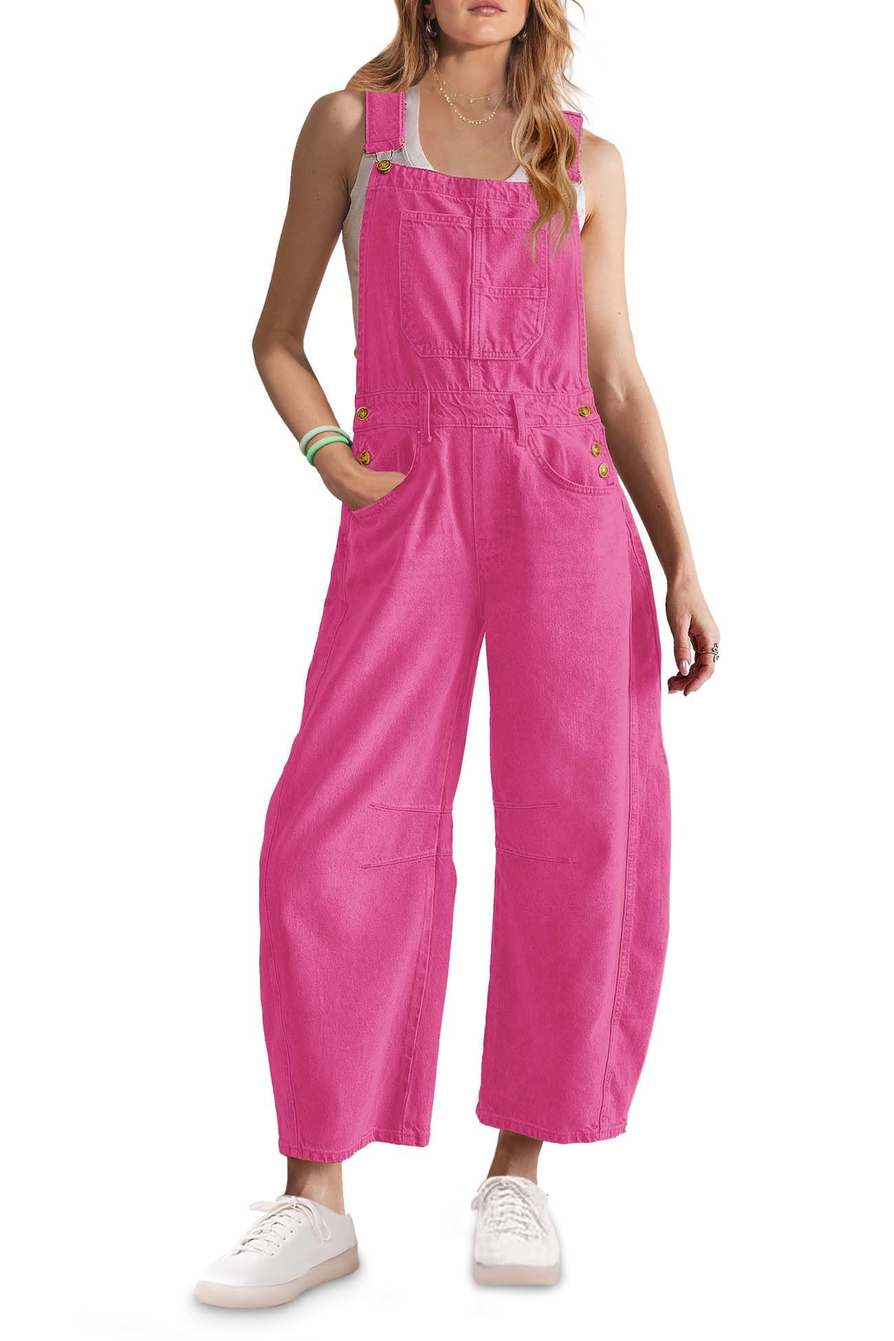 Photo 1 of ReachMe Womens Barrel Overalls Casual Loose Denim Jumpsuits Y2k Baggy Jeans Wide Leg Bib Pants Romper with Pockets(Hot Pink,S)