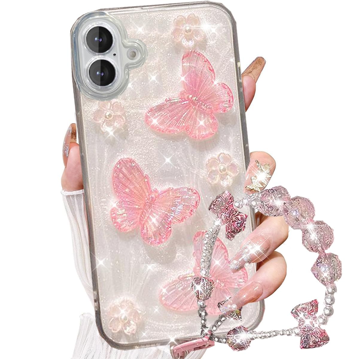 Photo 1 of Changjia for iPhone 17 Glitter Butterfly Case,Cute Girly 3D Flowers Floral Crystal Pearl Bling Sparkle with Wrist Strap Chain Soft TPU Silicone Aesthetic Women Girls Phone Case for iPhone 17 6.3",Pink