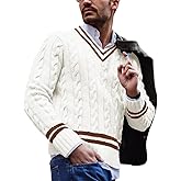 chouyatou Men's Casual V Neck Contrast Stripes Cable Knit Pullover Sweater Tops