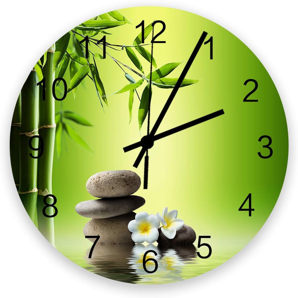 12 Inch Silent Round Wooden Wall Clock Japanese Zen Garden Bamboo Stone Plumeria Wall Clock, Non Ticking Battery Operated Quartz Home Decor Wall Clocks for Living Room/Kitchen/Office