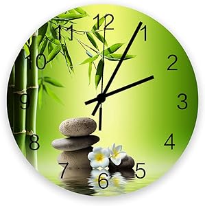 12 Inch Silent Round Wooden Wall Clock Japanese Zen Garden Bamboo Stone Plumeria Wall Clock, Non Ticking Battery Operated Quartz Home Decor Wall Clocks for Living Room/Kitchen/Office