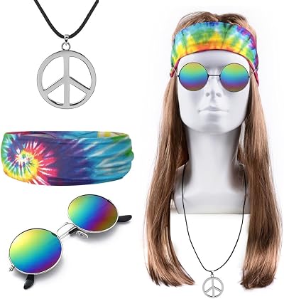 iZoeL Hippie Costume Set Men Women 60s 70s 80s Retro Peace Necklace Wig Headband