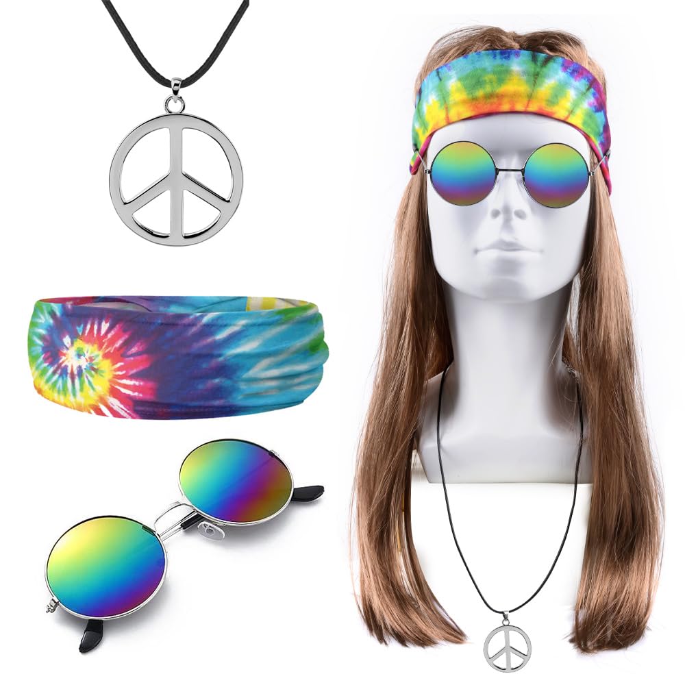 iZoeL Hippie Costumes Halloween Costumes for Men - Hippie Wig Sunglasses Hippie Peace Necklace Tie Dye Headband -70s Disco Style 60s Outfit 80s Fancy Dress 80s Night Accessories - Retro Men Women