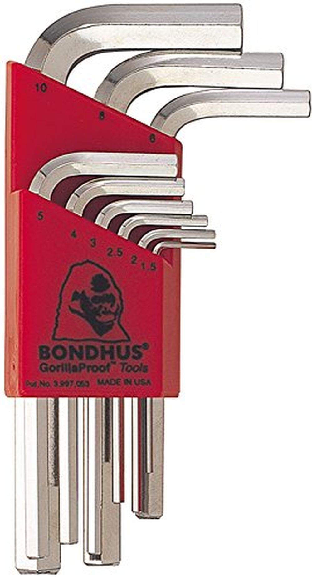 Bondhus 16299 Set of 9 Hex L-Wrenches w/BriteGuard,Short,Sizes 1.5-10mm