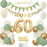Yontree Sage Green Gold White 60th Birthday Decor Set Banner Balloons Cake view 1