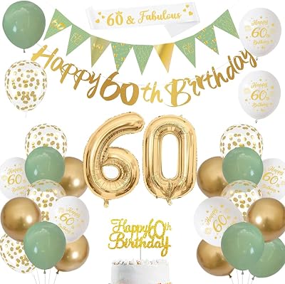 Yontree Sage Green Gold White 60th Birthday Decor Set Banner Balloons Cake