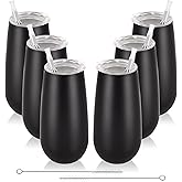 6 Pack Insulated Champagne Tumblers, Stemless 6 Oz Wine Flutes, Unbreakable Cocktail Cups With Lid, Gift for Family Friends Christmas Birthday (Black)