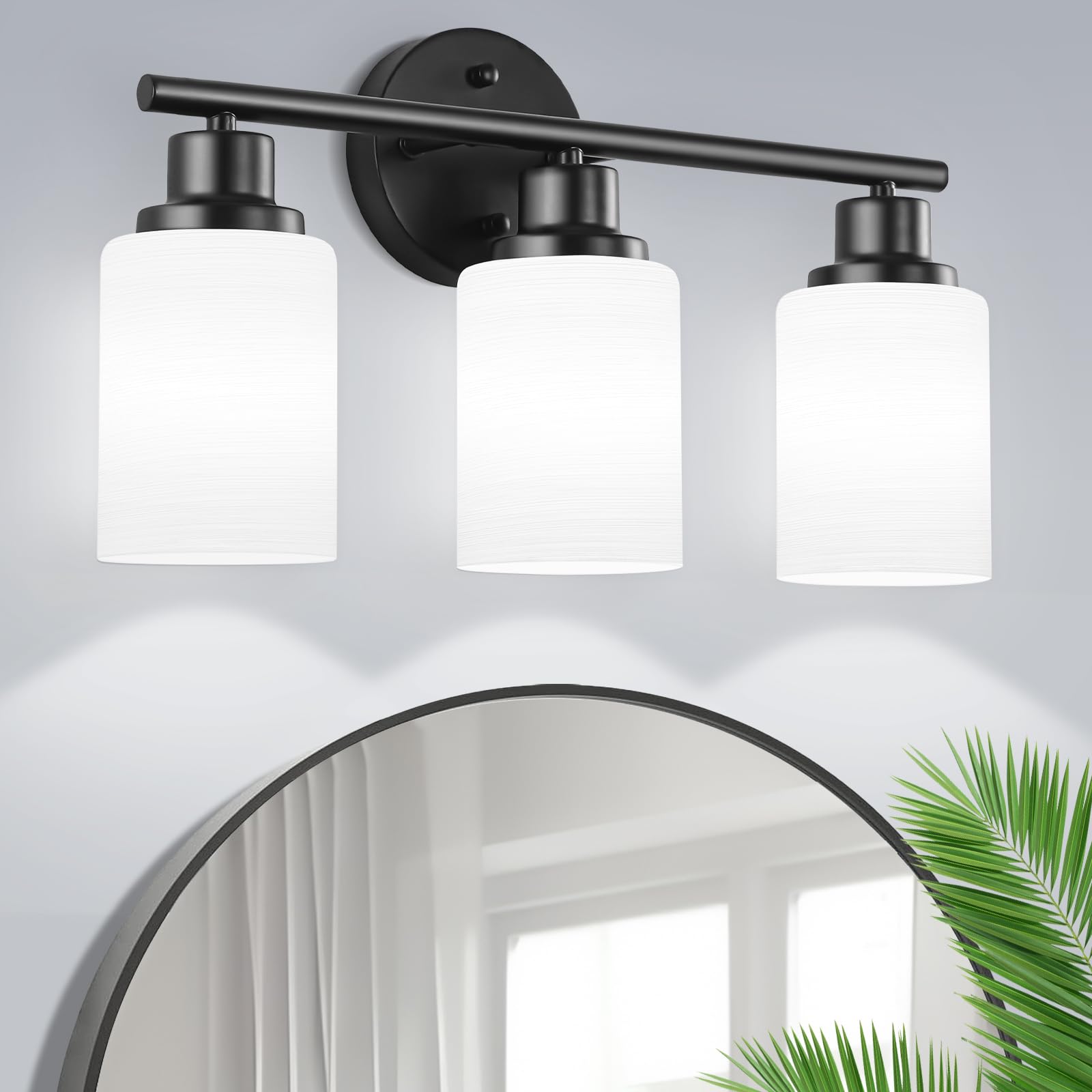 Photo 1 of Guliaofo 3-Light Bathroom Light Fixtures, Vanity Lights for Mirror with Milky White Frosted Striped Glass Shade, Modern Kitchen Light Fixtures Wall Sconce Light - E26 Base - Matte Black
