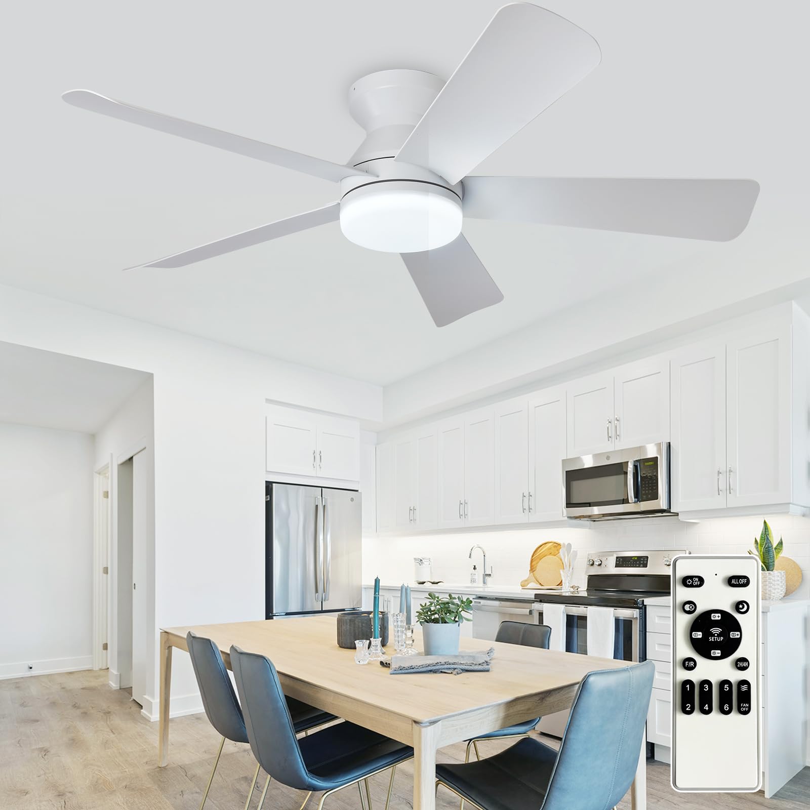 Photo 1 of 42-Inch Ceiling Fans with Lights: White Low Profile Ceiling Fan with Light and Remote Control - Reversible Flush Mount Fans - 3CCT Dimmable Small Ceiling Fan for Bedroom Indoor/Outdoor Use