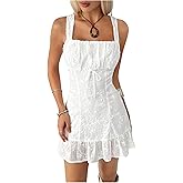 Floerns Women's Floral Embroidery Ruched Bow Tank Dress Sleeveless Square Neck Ruffle Short Dresses