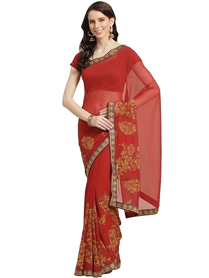 Womens Georgette Floral Print with Printed Lace Border Saree