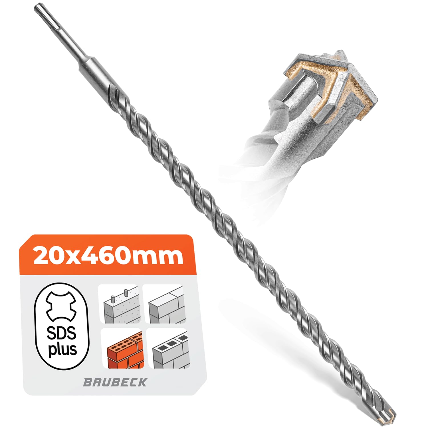 BAUBECK SDS Plus Drill Bit 20 mm x 460 mm Long for Concrete and Stone - Premium 40CR Steel, Durable - 4 Cutting Masonry Drill Bits 20 mm for Best Results - SDS Plus Drill Bit 20 mm Concrete Drill Bit