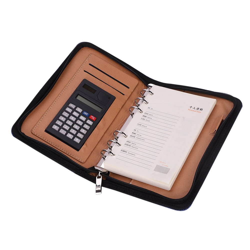 A6 Leather Notebook Notepad with Calculator Refillable Binder Notebook Zipped Personal Organiser Conference Folder Portfolio Executive Notebook with Documents Cards Pockets Pen Slots