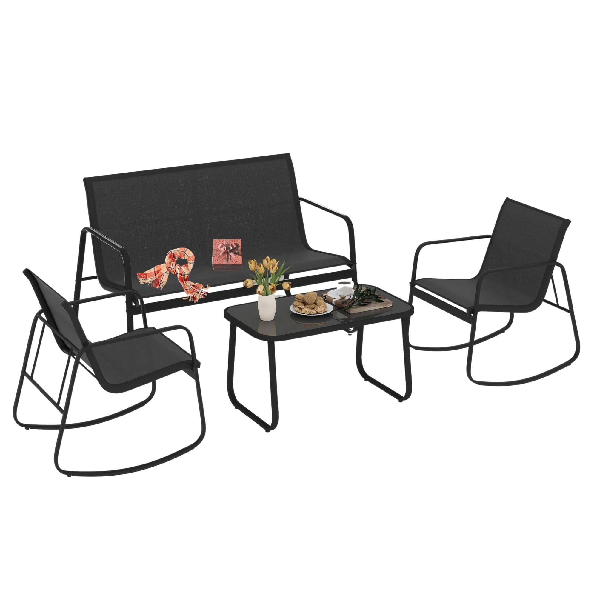 Photo 1 of DWVO 4-Piece Patio Furniture Set, Textilene Conversation Set with 2 Rocking Chairs and Tempered Glass Coffee Table, Ideal for Indoor Patio Lawn Garden Poolside, Black