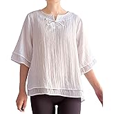 Minibee Women's Cotton Linen Shirts Summer 3/4 Length Sleeve Tops Chinese Frog Casual Blouse