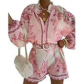 ksotutm Womens 2 Piece Outfits Boho Lantern Sleeve Button Down Floral Print Shirt Shorts Tracksuit Lounge Set Shorts Set