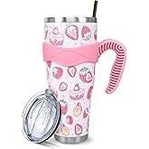 Strawberry 40 Oz Tumbler with Handle and Straw, Cute Stainless Steel Vacuum Insulated Tumbler Iced Coffee Cup Water Bottle Travel Mug, Strawberry Gifts for Women Decor Stuff Pink