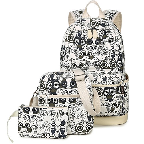 Cute Owl Pattern School Backpack Purse Set Laptop Bag Bookbag Shoulder Bag for Girls (Black and White)