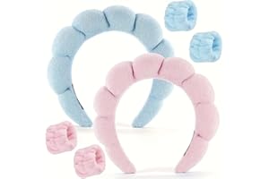 Sponge Spa Headband for Women, Pink & Blue Makeup Headband and Wrist Washband Set Skincare Headbands for Face Washing, Shower