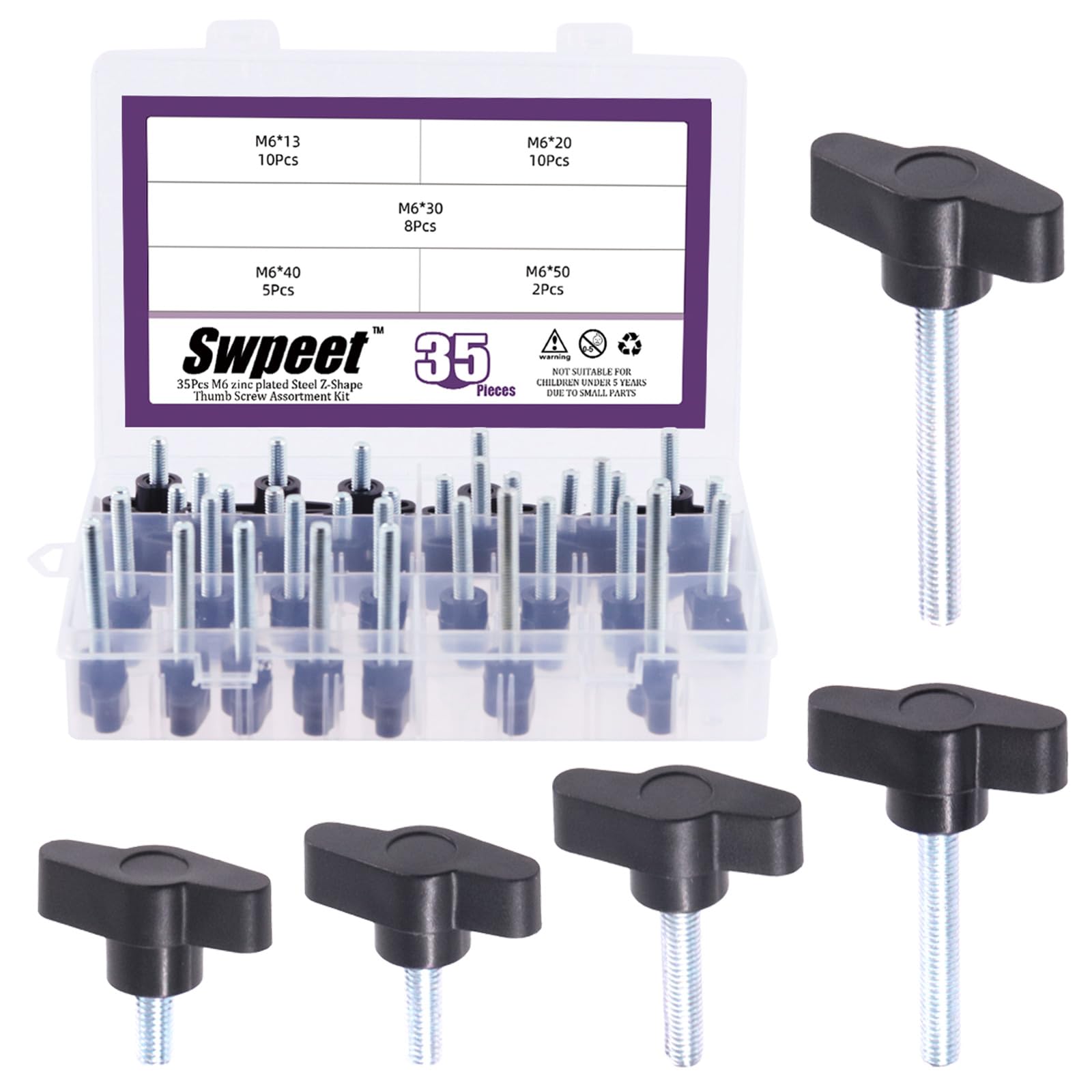 Sweet 35Pcs 5 Sizes M6 Zinc Plated Thumb Screw Three Prong Clamping Black Tee Wing Plastic Knob Kit, Standard Coarse Thread Screw for Quick Remove