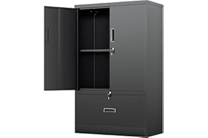 Greenvelly Metal Storage Cabinet with Drawer,Metal File Cabinet with Lockable Doors and Shelves for Garage,Home Office,Hanging Files Letter/F4/A4 Size(Black)