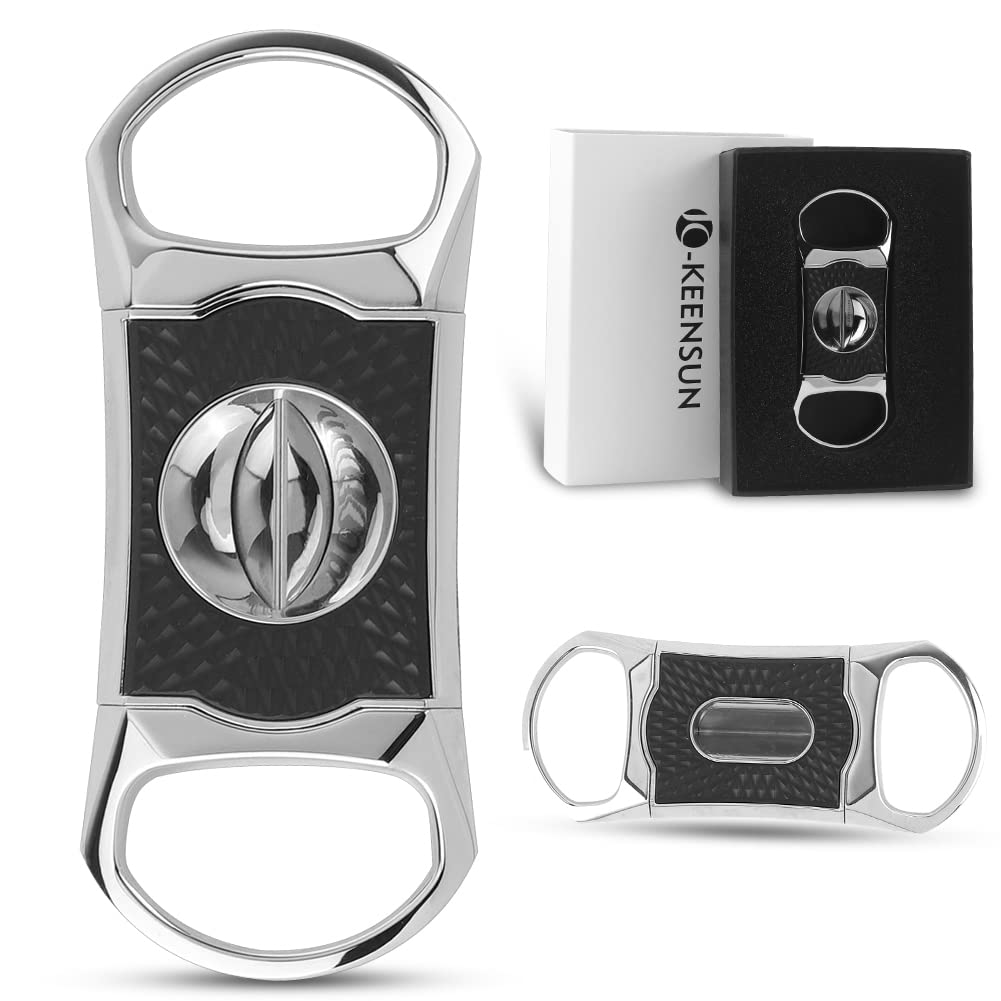 KEENSUN Zinc Alloy V-Cut Cigar Cutter (Silver and Black CNC Sculpture), 60 Ring Gauge, 420J2 Stainless Steel Cut Blade in Gift Box