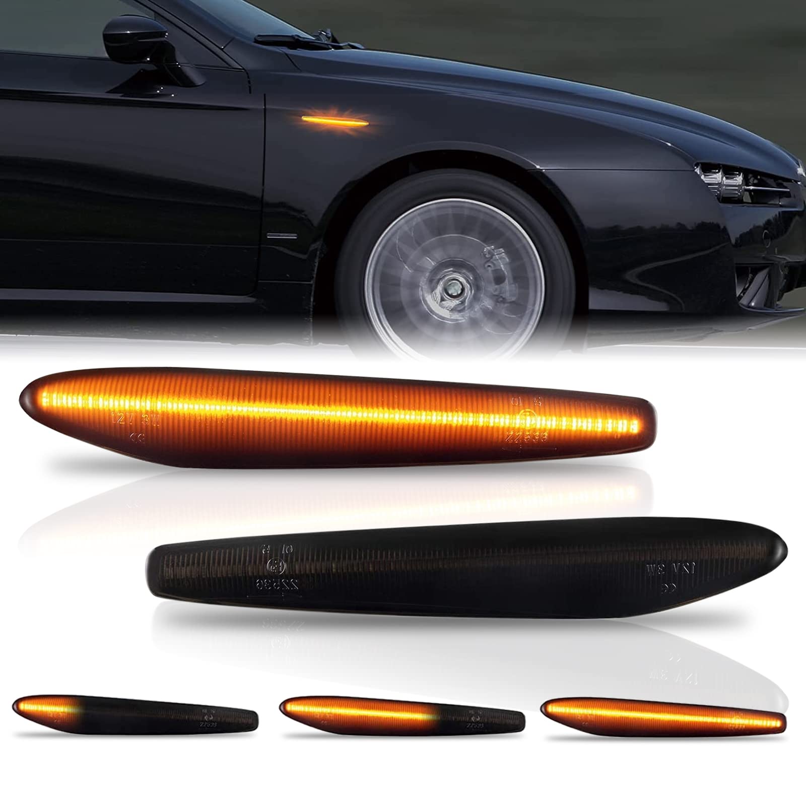 OZ-LAMPE Turn Signal Light, Side Marker Repeater for Alfa-Romeo Boera typ 939 2005-2010 159 typ 939 2005-2011 Dynamic Side Indicator, Black Smoked Lens