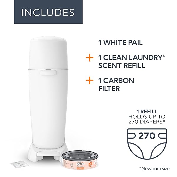 DIAPER GENIE COMPLETE DIAPER PAIL (WHITE) – INCLUDES 1 REFILL (HOLDS 270 NEWBORN DIAPERS) & 1 CARBON FILTER