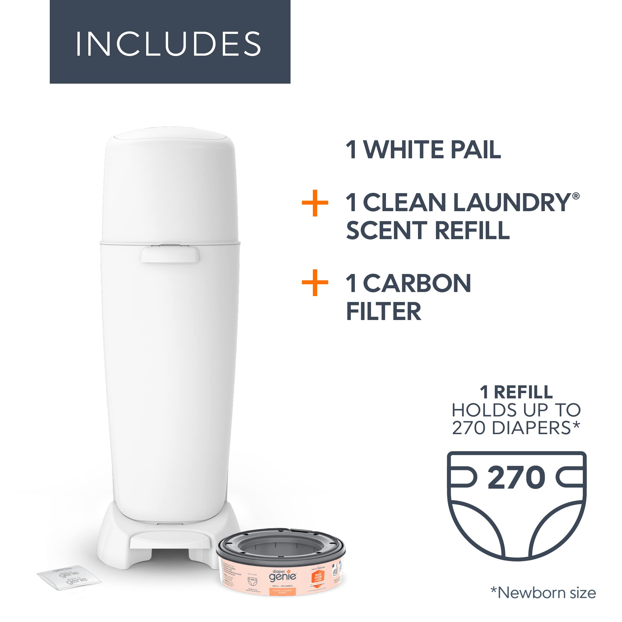 Diaper Genie Complete Diaper Pail (White) with Antimicrobial Odor Control | Includes 1 Diaper Trash Can, 1 Refill Bags, 1 Carbon Filter, Packaging may vary