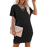 Amoretu Short Sleeve V Neck Mini Dresses Loose Fit Trendy Tunic Dress for Women with Pocket