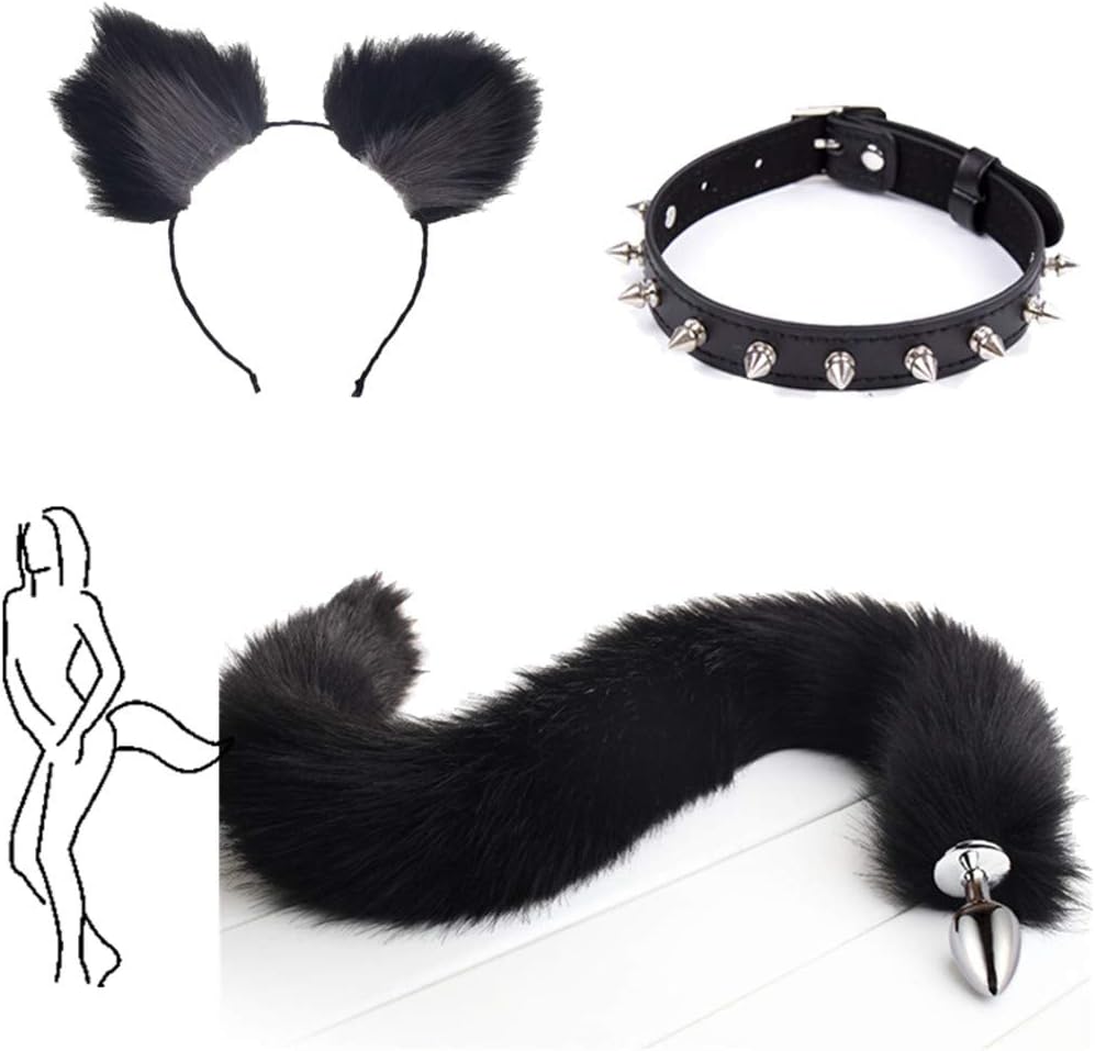 Long Black Fluffy B-ütt P-l-ǔ-g Fox Tail, Rivet Collar Choker, Headband, 3Pcs, Cosplay Role Play Halloween Toys (Black-Grey, L)