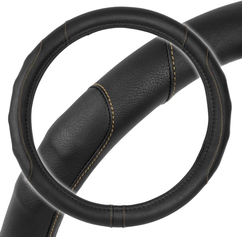 Motor Trend GripDrive Pro Synthetic Leather Auto Car Steering Wheel Cover Black w/ Beige Accent Stitching Comfort Grip - Small 13.5 to 14.5 inch - SW-761-BG-S__AM: Automotive