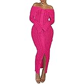Prekeewil Womens Sexy Off Shoulder Maxi Dress Pleated See Through Flare Sleeve Button Down Slit Bodycon Long Dresses