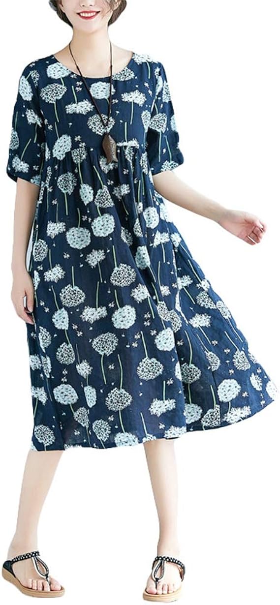 Amazon たんぽぽ柄 プリント レディース 花柄 ワンピース スカート 切り替え ハイウエスト コットン 膝丈 半袖 丸首 ナチュラル 森ガール 可愛い 清楚 優しい きれいめ ゆったり 着痩せ 大きいサイズ ワンピース チュニック 通販