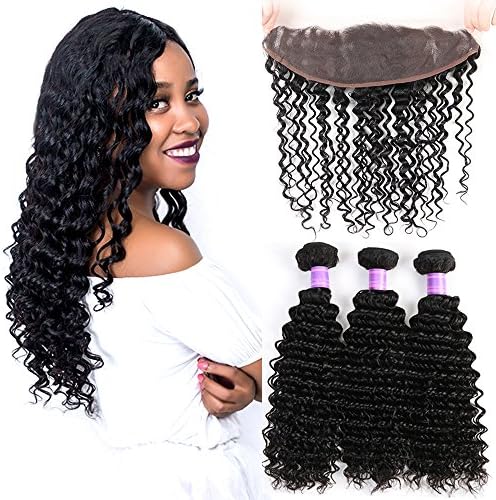 Sexy Weave Brazillian Deep Wave 3 Bundles with Ear to Ear Lace Frontal Closure Unprocessed Virgin Human Hair Real Human Hair Wigs Extensions for Women Natural Color Cheap