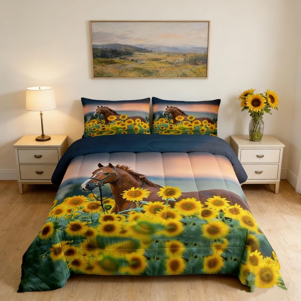 Loussiesd Brown Horse Duvet Cover Set Single Sunflower Bedding Set Animals Comforter Cover with 1 Pillowcases Microfiber 3D Print Wild Animal Quilt Cover Zipper 3 Pcs Gorgeous Luxury Chic