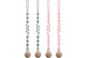 Silicone Pacifier Clip with Adjustable Spring, 4 Pack Extra Long Pacifier Holder Clips for Baby Boys and Girls, Seposeve Soft Flexible Pacifier Leashes with 3 Textures, 2 Green + 2 Pink