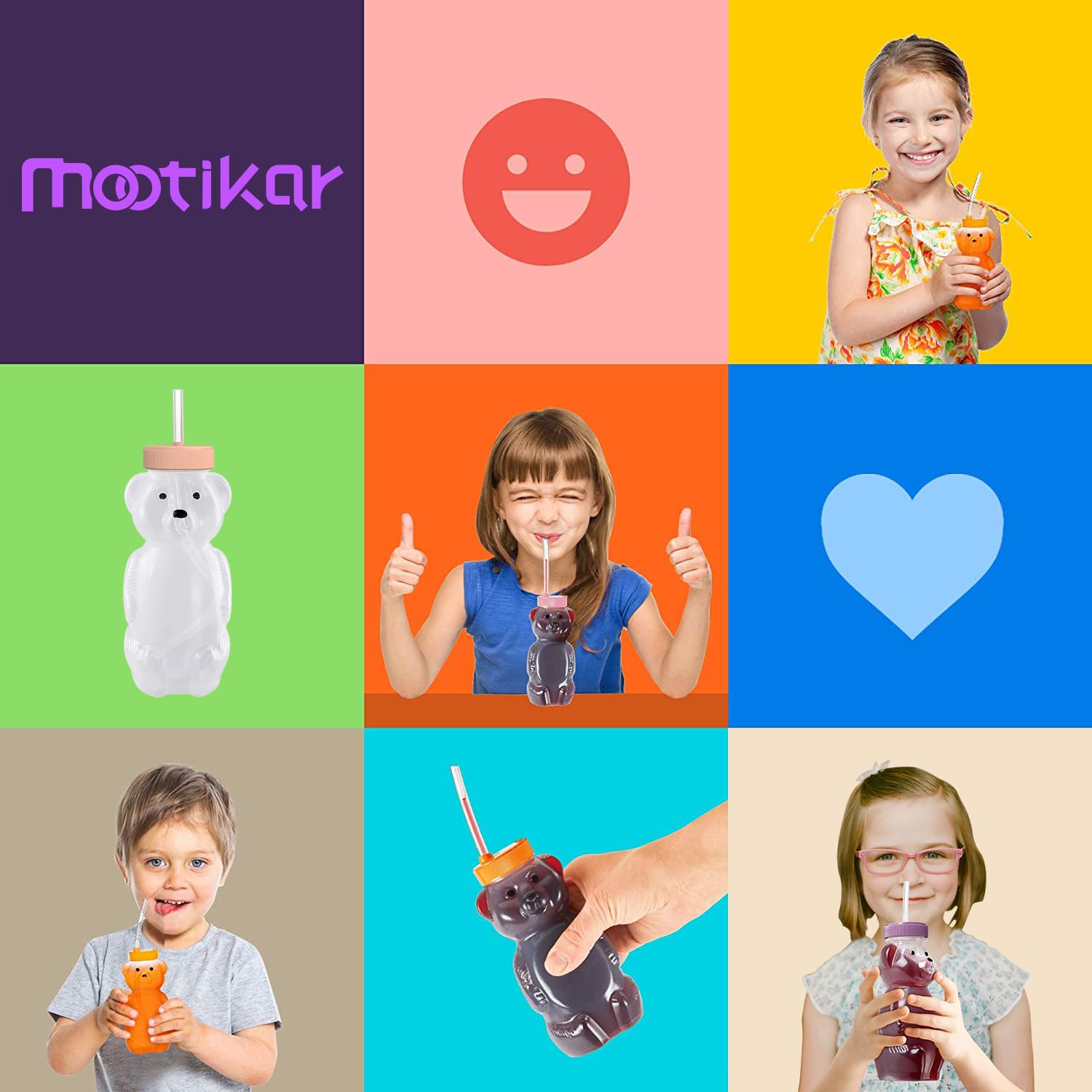 Honey Bear Straw Cups, Juice Bear Bottle Drinking Cup Long Straws with 4 Flexible Straws & Cleaning Tools, 8-Ounce Therapy Sippy Bottles for Speech and Feeding Training, Food-Grade & BPA Free 2 Pack