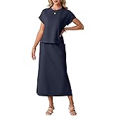 GRECERELLE Women Summer Casual Wrinkle-Free 2 Piece Sets Round Neck Top & Elastic Waist Maxi Side Slit Skirt with Pockets