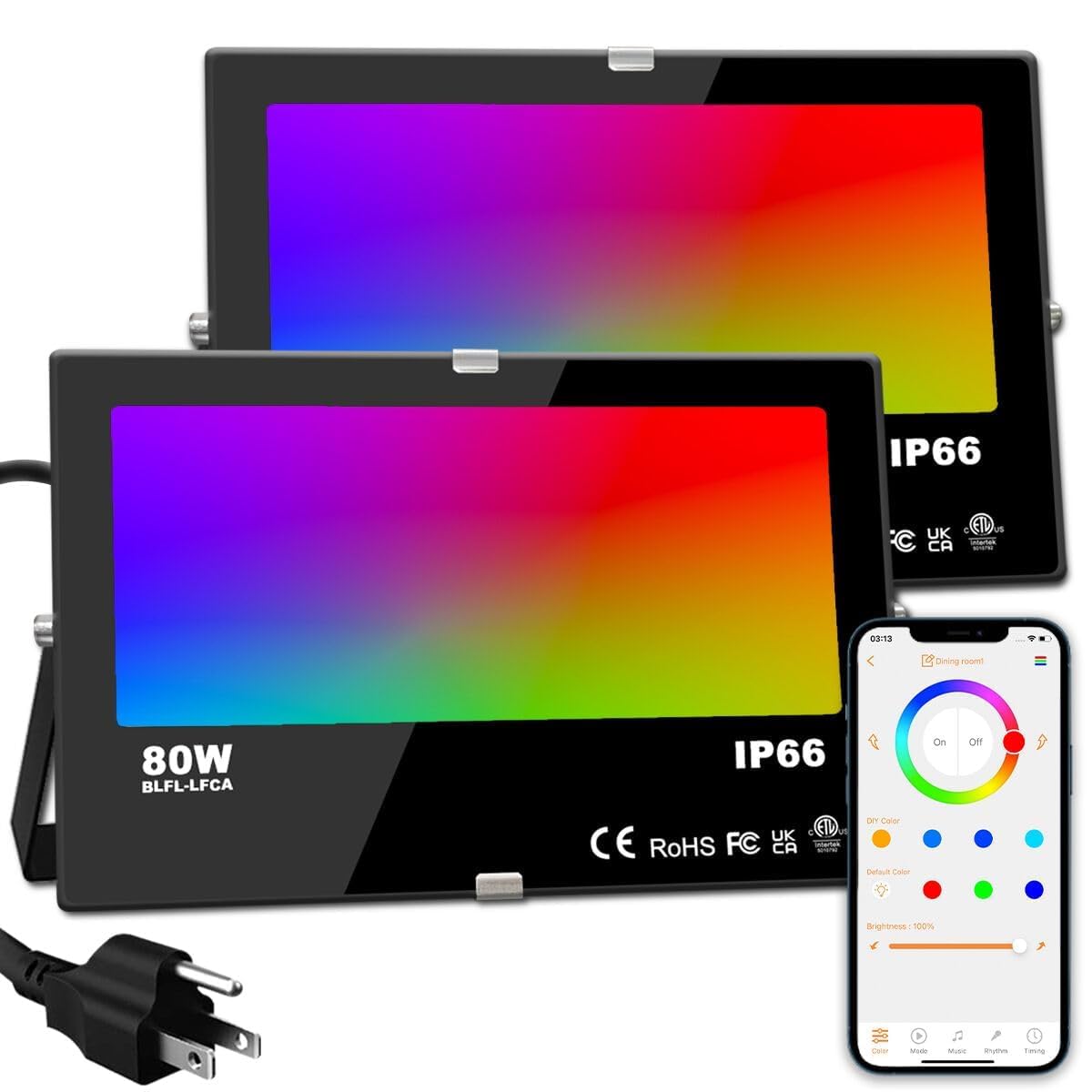 Photo 1 of ILC LED Flood Light 80W, 8000LM, Outdoor RGB Color Changing, Smart Floodlights RGBW 2700K Warm White & 16 Million Colors, 20 Modes, Grouping, Timing, IP66 Waterproof (2 Pack)