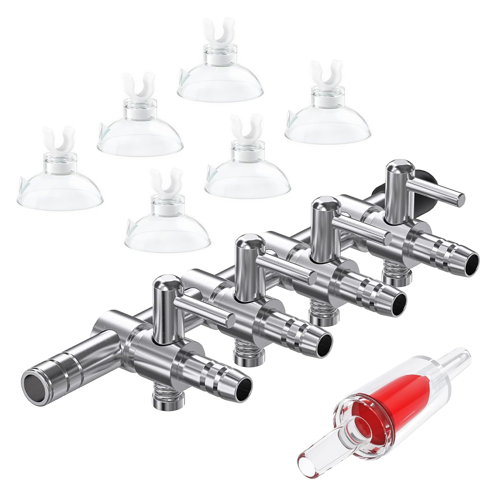 Pawfly 4-Way Aquarium Air Flow Control Lever Valve Splitter Distributor Manifold for Air Pumps Fish Tank with 1 Non-return Check Valve and 6 Suction Cup Clips — image 1