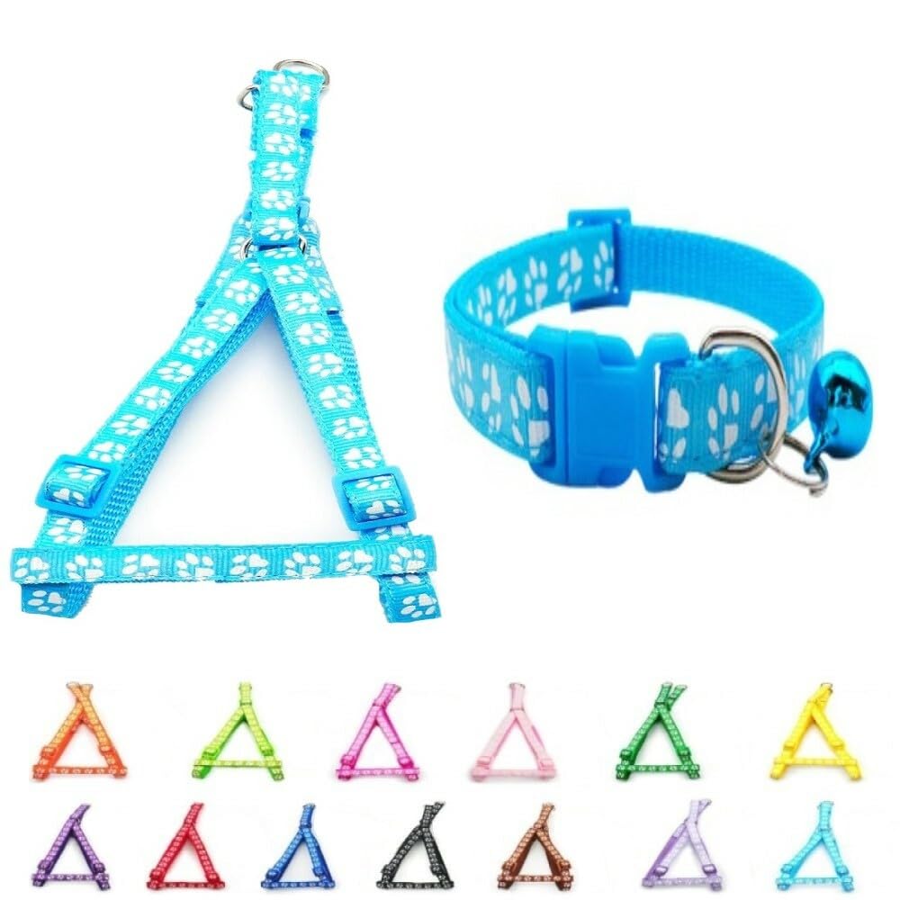 Small Dog Puppy Pet Collar and Harness Set Pawprint Design Nylon Adjustable Neck Size 19-32cm and Chest Size 21-34cm Light Blue