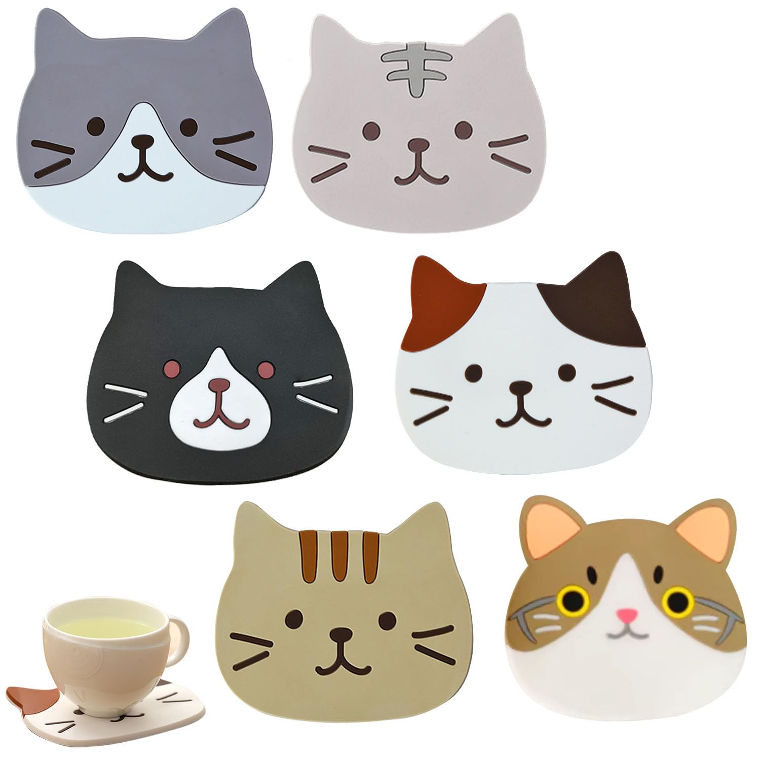 TSHAOUN 6 Pieces Cute Cat Cup Coasters, Reusable Silicone Drink Coasters Non Slip, Washable Heat Resistant Glass Cup Rubber Pad Mat Novelty for Wine Tea Glass, New Home Kitchen Decor Gift (6 Colors)