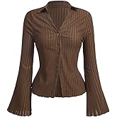 SOLY HUX Women's Button Down T Shirt Collared V Neck Bell Long Sleeve Casual Tops
