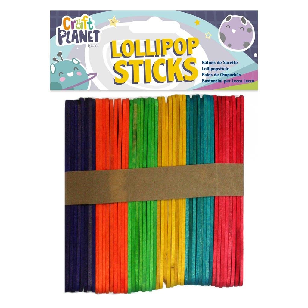 Craft Planet Lollipop Sticks Approx 50 Pieces, Assorted Colours, Wooden Stick for Art, Crafts Projects, Model Making, Cake Pop, Plant Labels, Ice Lolly Stick Wood, Coloured