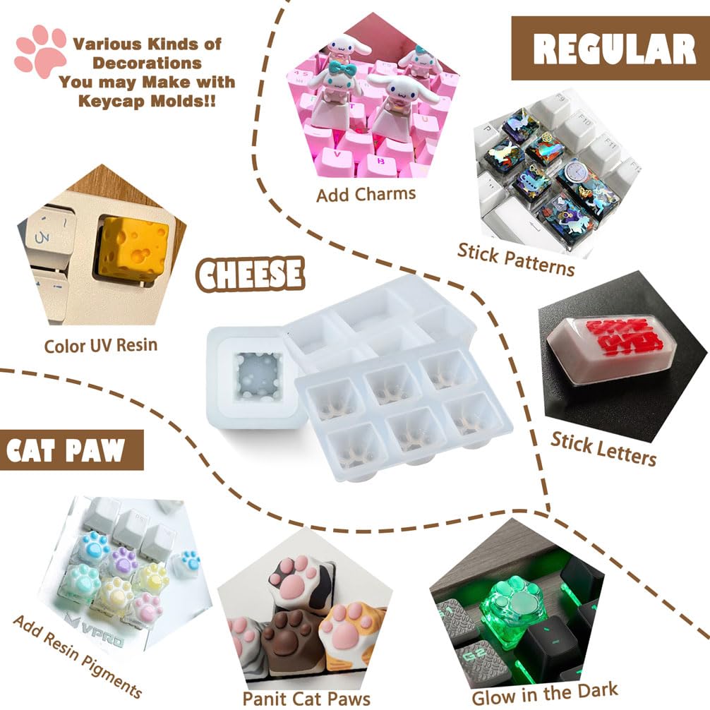 Keycaps Epoxy Resin Casting Molds Set for Mechanical Gaming Keyboard Polymer Clay Crafts 7 Silicone Trays with Key Puller