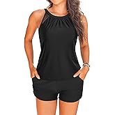 Tankini Bathing Suits with Shorts - High Neck Tankini Swimsuits Two Piece with Two Side Pockets Tummy Control Swimwear 2025