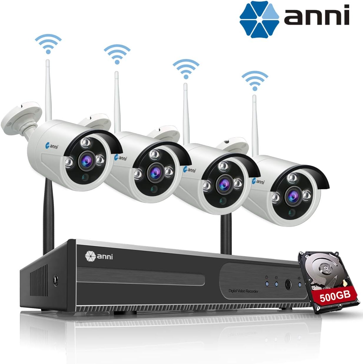 Anni 720P 4CH HD WiFi NVR Kit Wireless Security Camera CCTV Surveillance Systems,(4) 1.0MP Megapixel Weatherproof Wireless Bullet IP Cameras,65ft Night Vision,P2P,No Video Cable Needed,with 500GB HDD