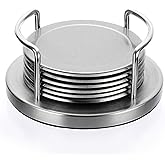 JUXYES Set of 6 Stainless Steel Round Coasters with Holder & Sponge Bottom, Silver Metal Cup Coasters Set Stunning Cool Coaster Cups Mats Decor for Restaurant Kitchen bar Dining Table