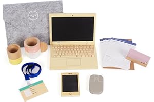 WOODENFUN Wooden Pretend Play Home Office Set for Kids,10Pcs Office Playset with Wooden Toy Laptop & Phone,Toddlers Beverage Cup for Preschool Kid Ages 3+ Years